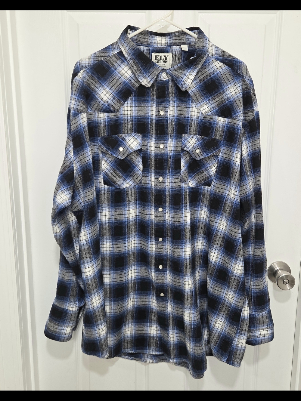 Ely Cattleman Long Sleeve Textured Blue Plaid Western Snap Shirt Mens Size 3XLT.
